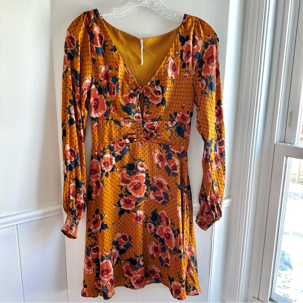 Free People Morning Light Floral Yellow Dress Long Sleeve Dress Tie Front Size 2